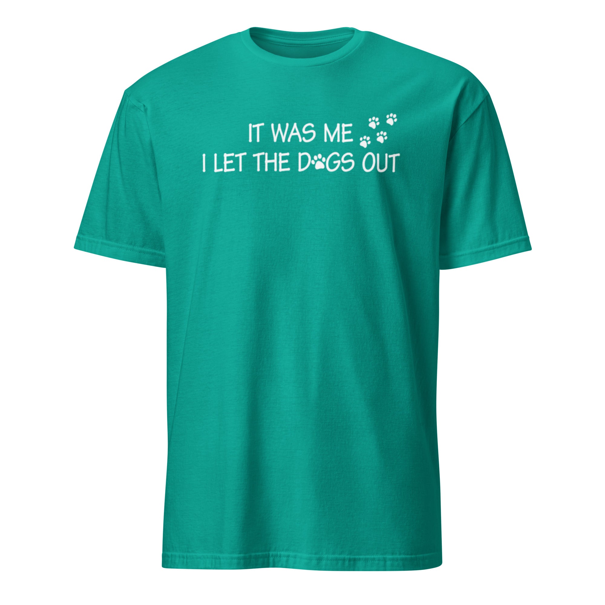 Teal t-shirt with white text and paw prints on a white background