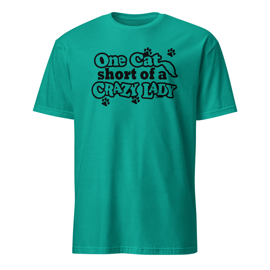 Teal t-shirt with black text 'One Cat Short of a Crazy Lady' on a white background