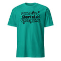 Teal t-shirt with black text 'One Cat Short of a Crazy Lady' on a white background