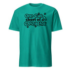 Teal t-shirt with black text 'One Cat Short of a Crazy Lady' on a white background