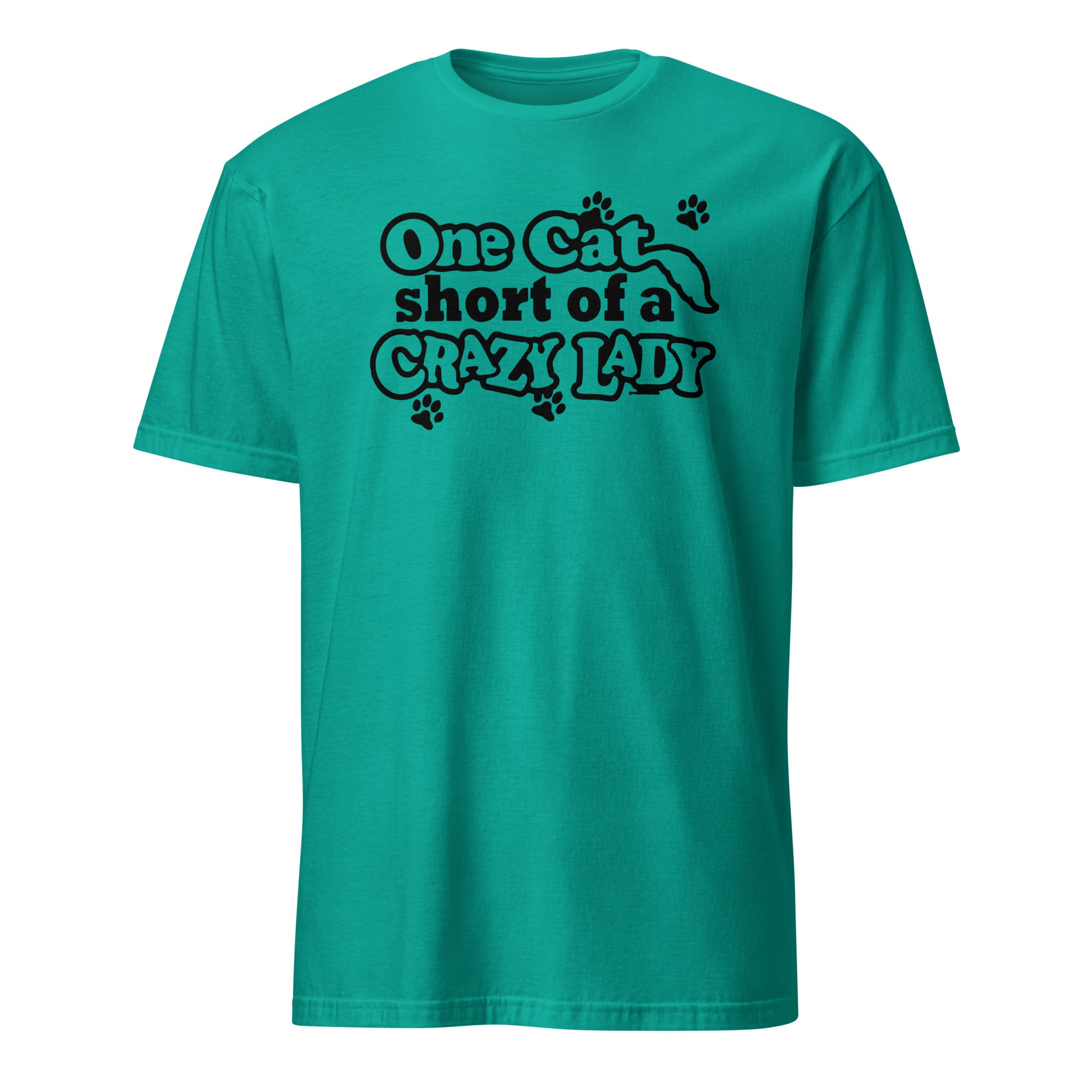 Teal t-shirt with black text 'One Cat Short of a Crazy Lady' on a white background