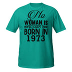 Teal t-shirt with black text on a white background