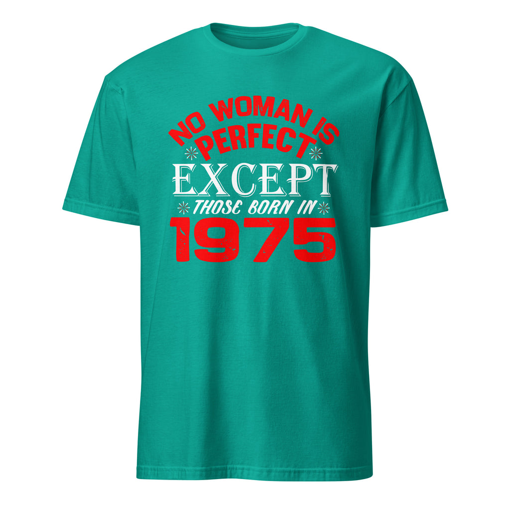 Teal t-shirt with red and white text on a white background