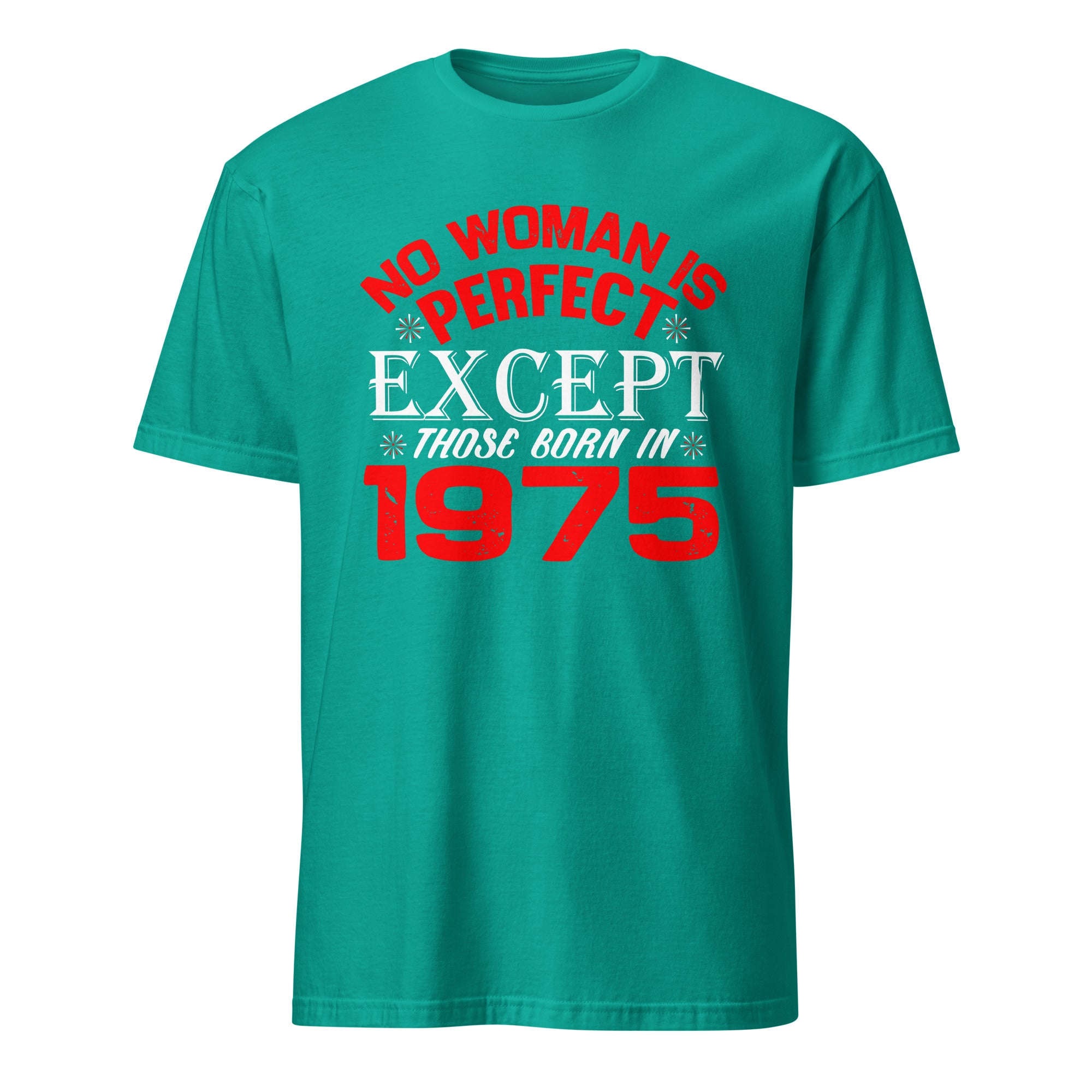 Teal t-shirt with red and white text on a white background