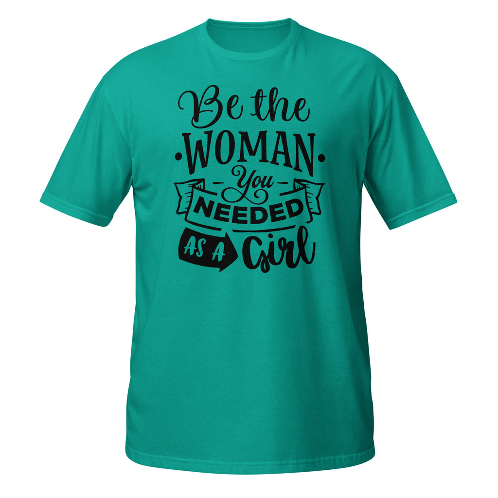 Teal t-shirt with motivational quote on a white background