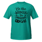 Teal t-shirt with motivational quote on a white background