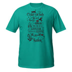 Teal t-shirt with black text and graphics on a white background