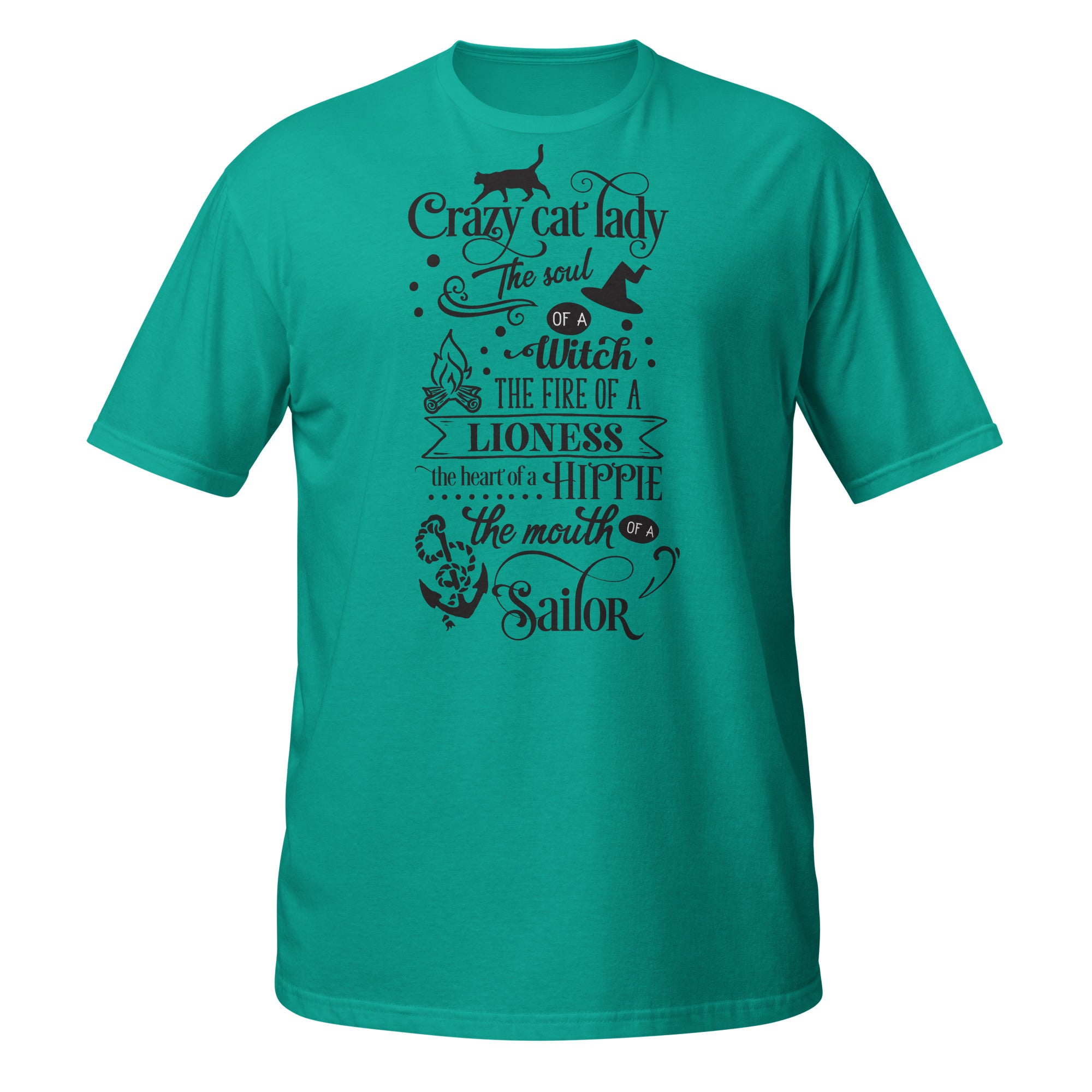 Teal t-shirt with black text and graphics on a white background