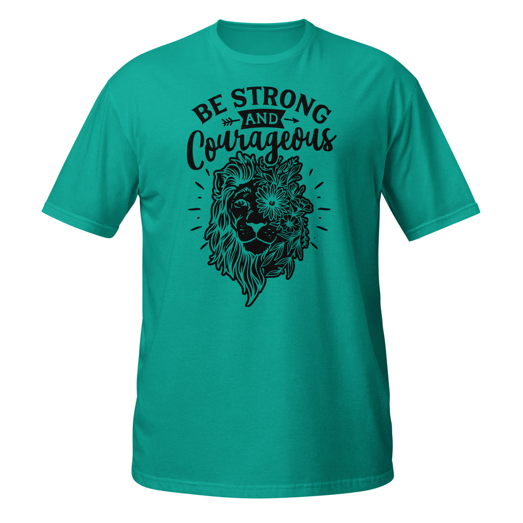 Teal t-shirt with black lion graphic and 'Be Strong and Courageous' text on a white background