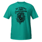 Teal t-shirt with black lion graphic and 'Be Strong and Courageous' text on a white background
