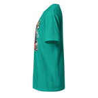 Left view of a teal t-shirt on a white background
