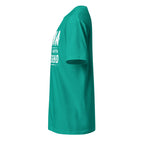 Teal t-shirt with text on a white background