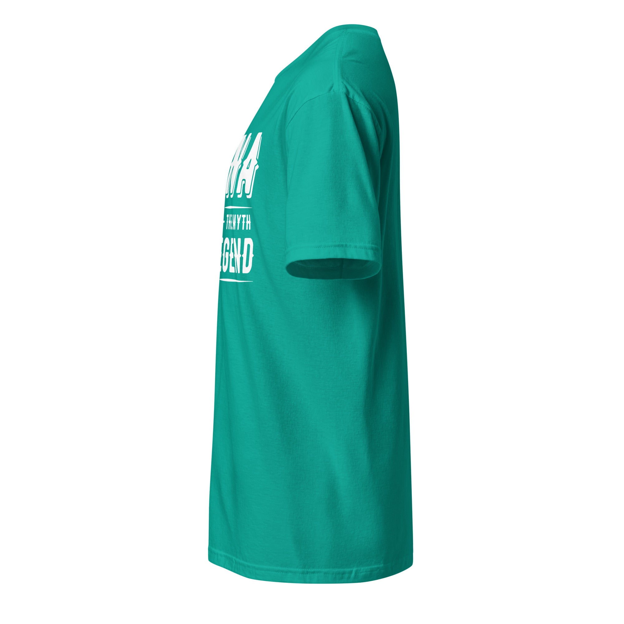 Teal t-shirt with text on a white background