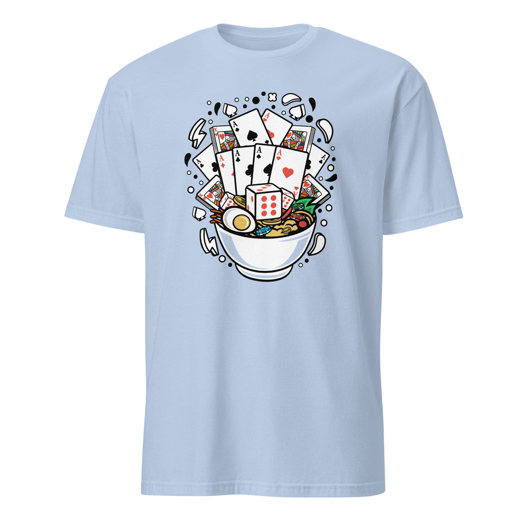 Light blue t-shirt with a graphic design of playing cards and poker chips on a white background