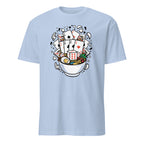 Light blue t-shirt with a graphic design of playing cards and poker chips on a white background