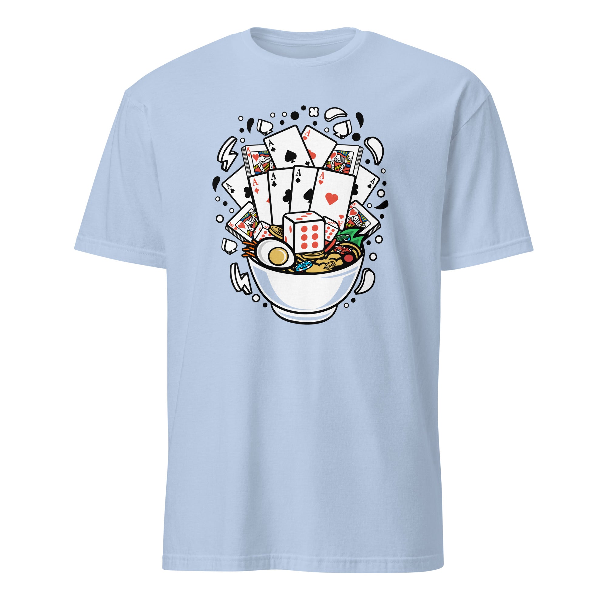Light blue t-shirt with a graphic design of playing cards and poker chips on a white background