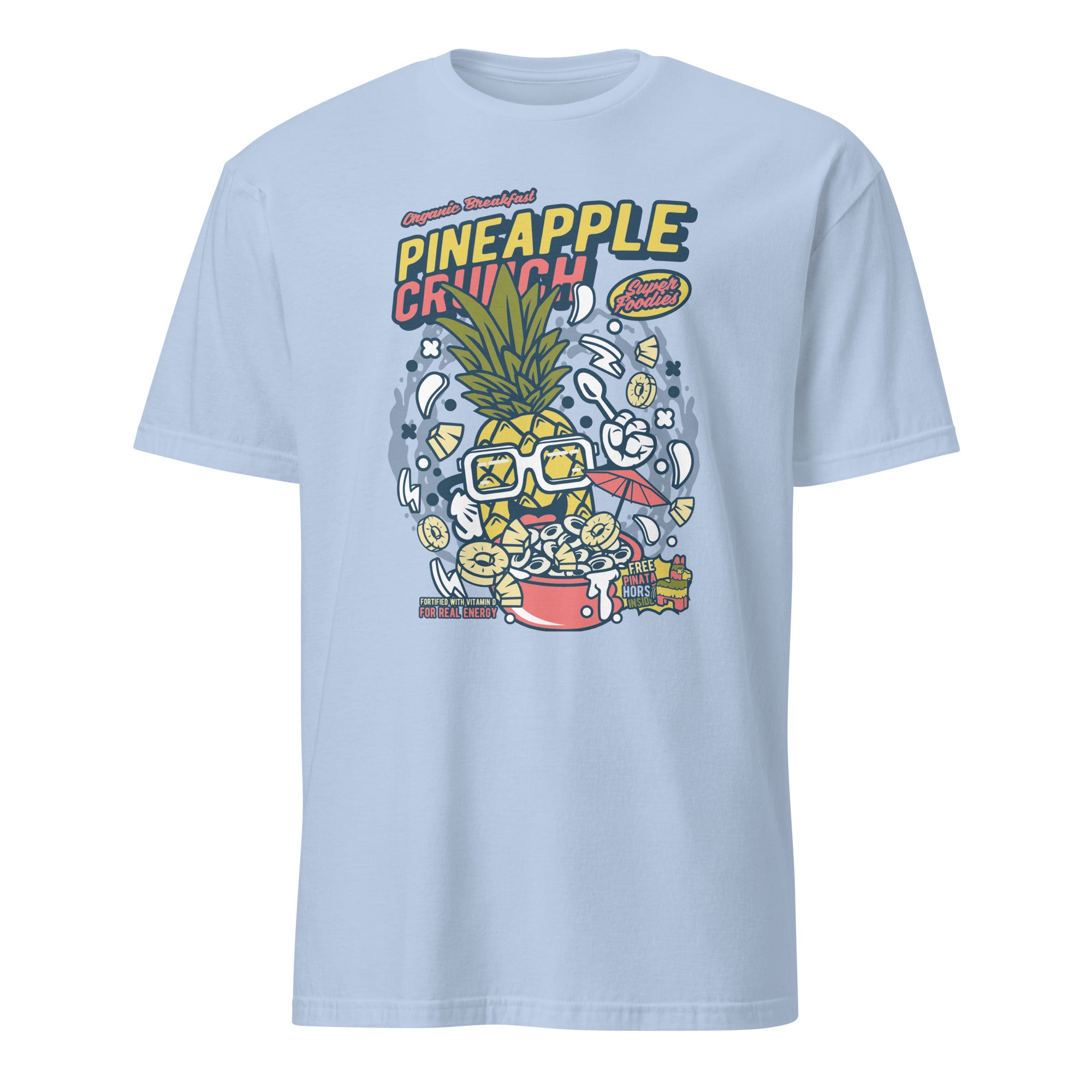 Light blue t-shirt with colorful pineapple-themed graphic design on a white background