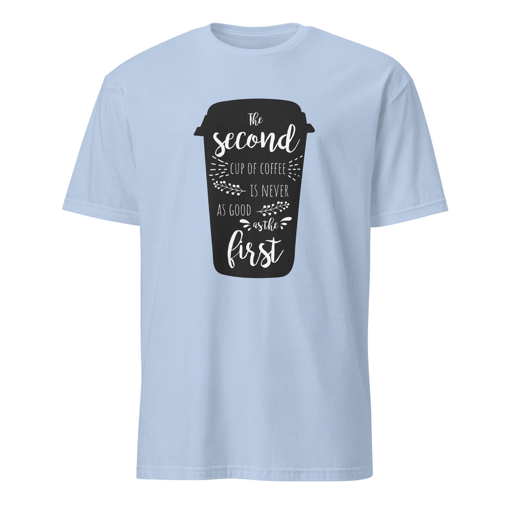 Light blue t-shirt with a black coffee cup graphic and text on a white background