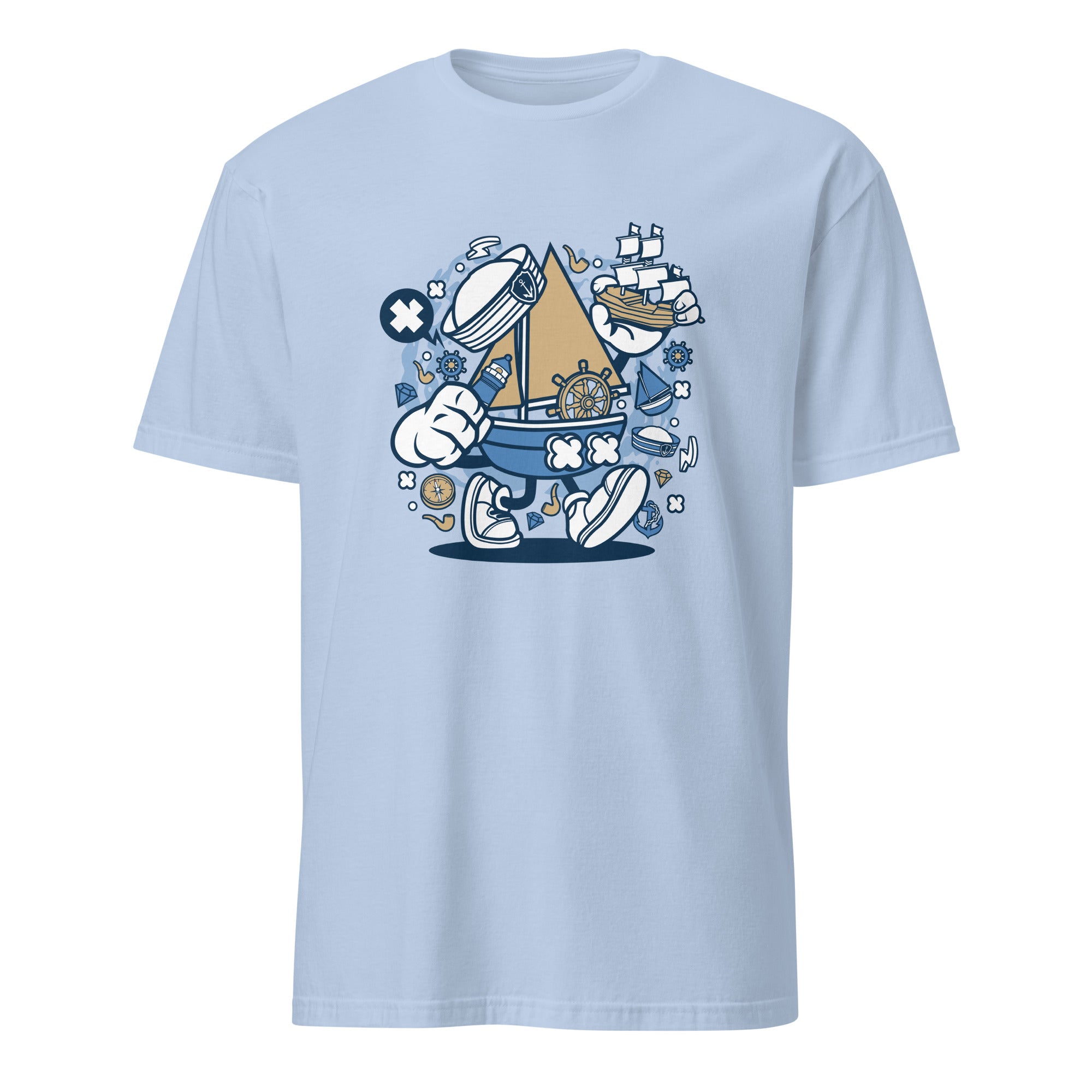 Light blue t-shirt with a nautical-themed graphic design on a white background