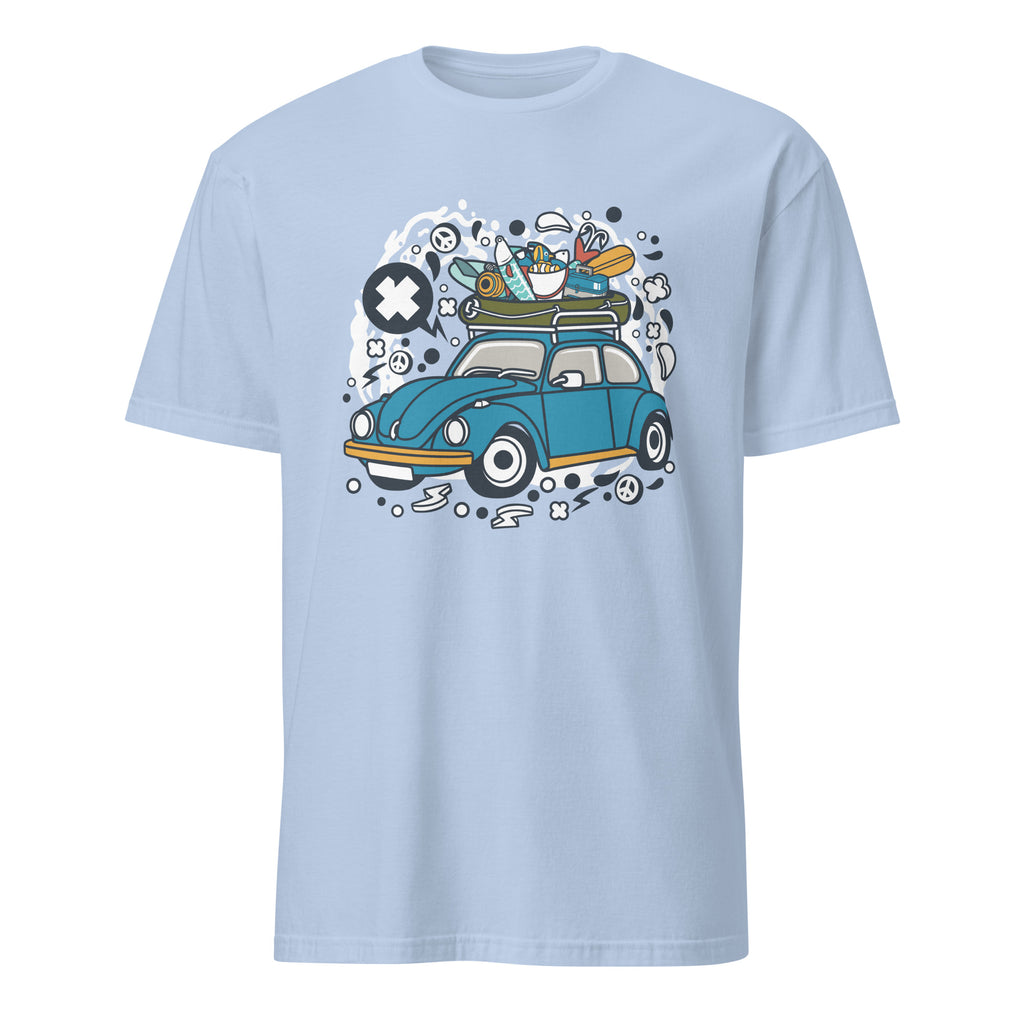 Light blue t-shirt with a cartoon car design on a white background