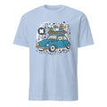 Light blue t-shirt with a cartoon car design on a white background