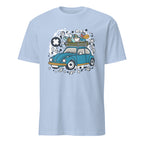 Light blue t-shirt with a cartoon car design on a white background