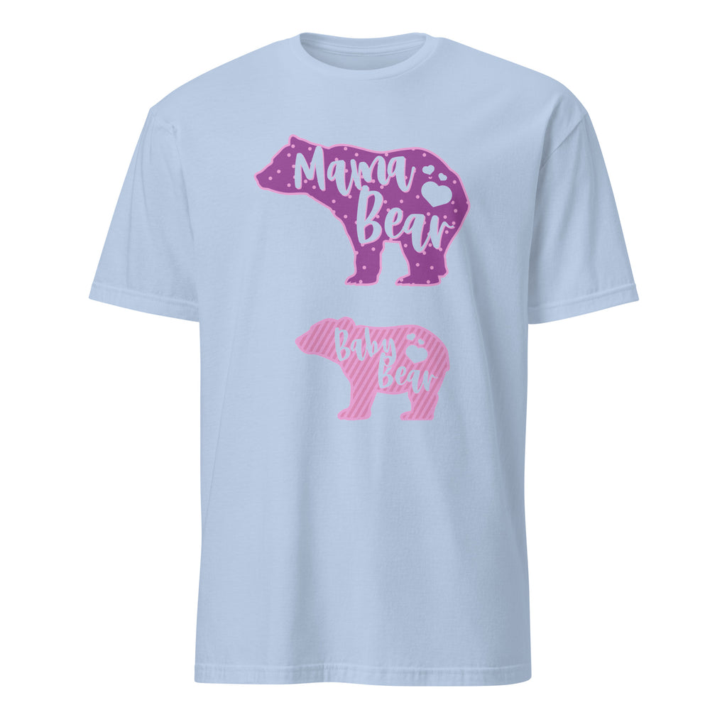 Light blue t-shirt with pink 'Mama Bear' graphic on a white background