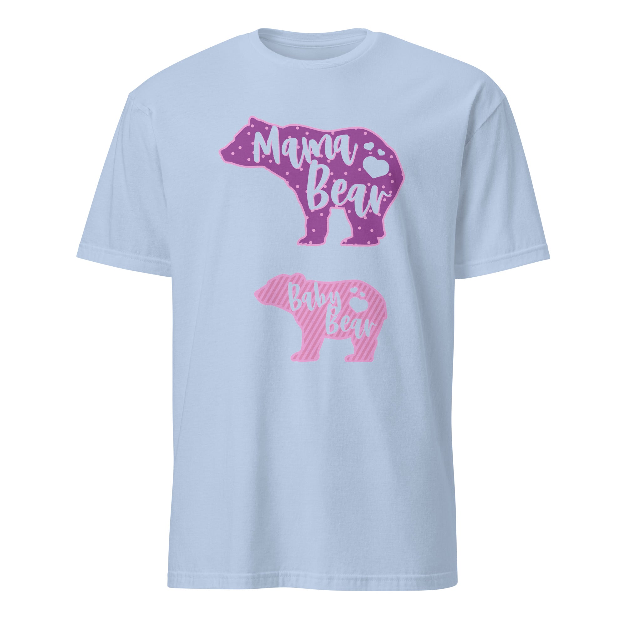 Light blue t-shirt with pink 'Mama Bear' graphic on a white background