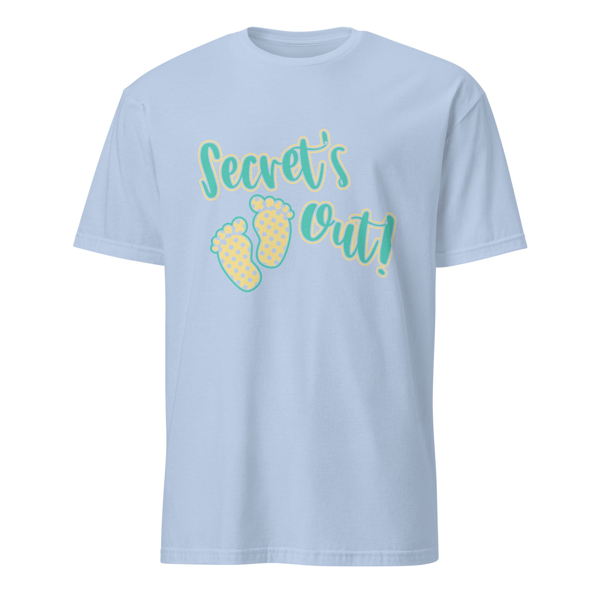 Light blue t-shirt with 'Secret's Out!' text and footprints on a white background