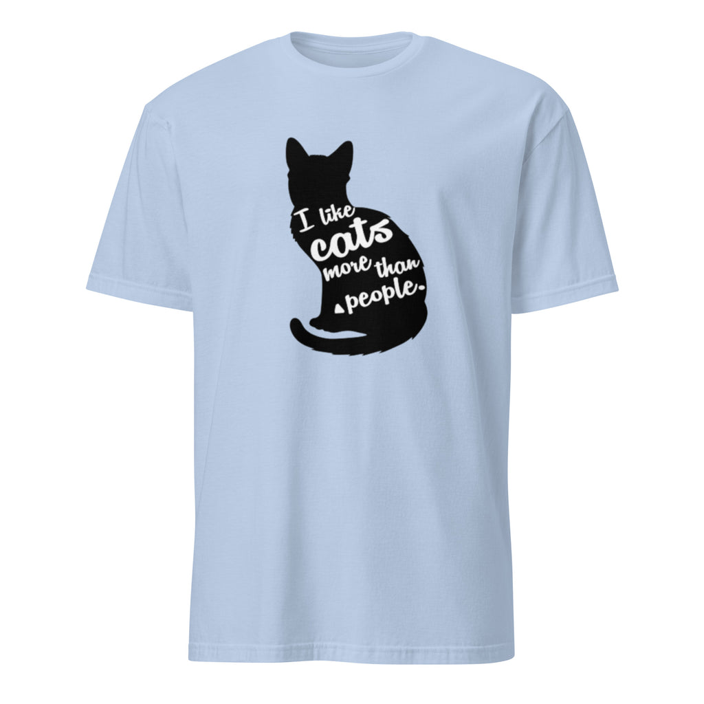 Light blue t-shirt with a black cat silhouette and I Like Cats More Than People text on a white background