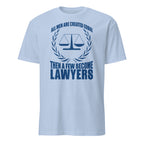 Light blue t-shirt t-shirt with blue text and law scale graphic on a white background