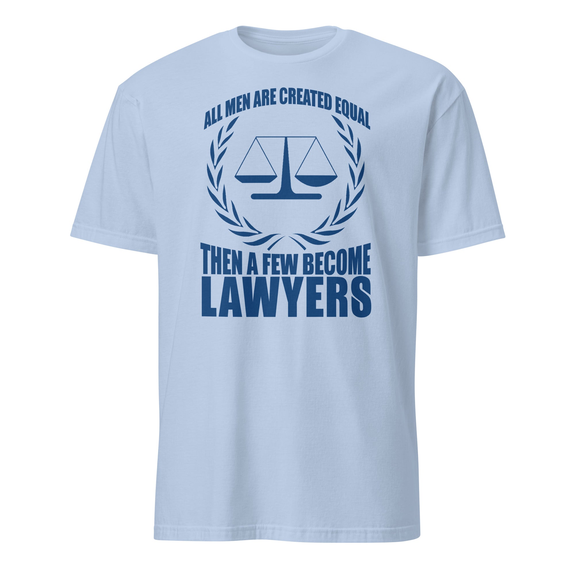 Light blue t-shirt t-shirt with blue text and law scale graphic on a white background