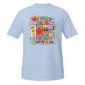 A light blue short-sleeve crewneck t-shirt featuring a colorful 'Welcome Back! I'm glad you're here' school-themed graphic on the chest, displayed against a solid white background.