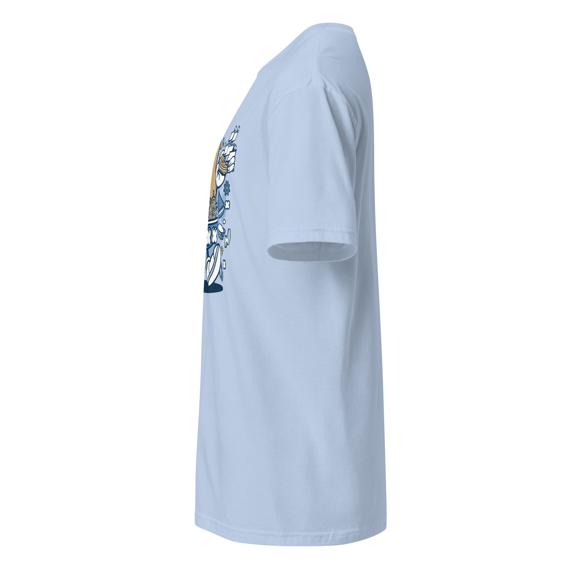 Left view of a plain Light blue t-shirt on a white background