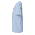 Left view of a light blue t-shirt against a white background
