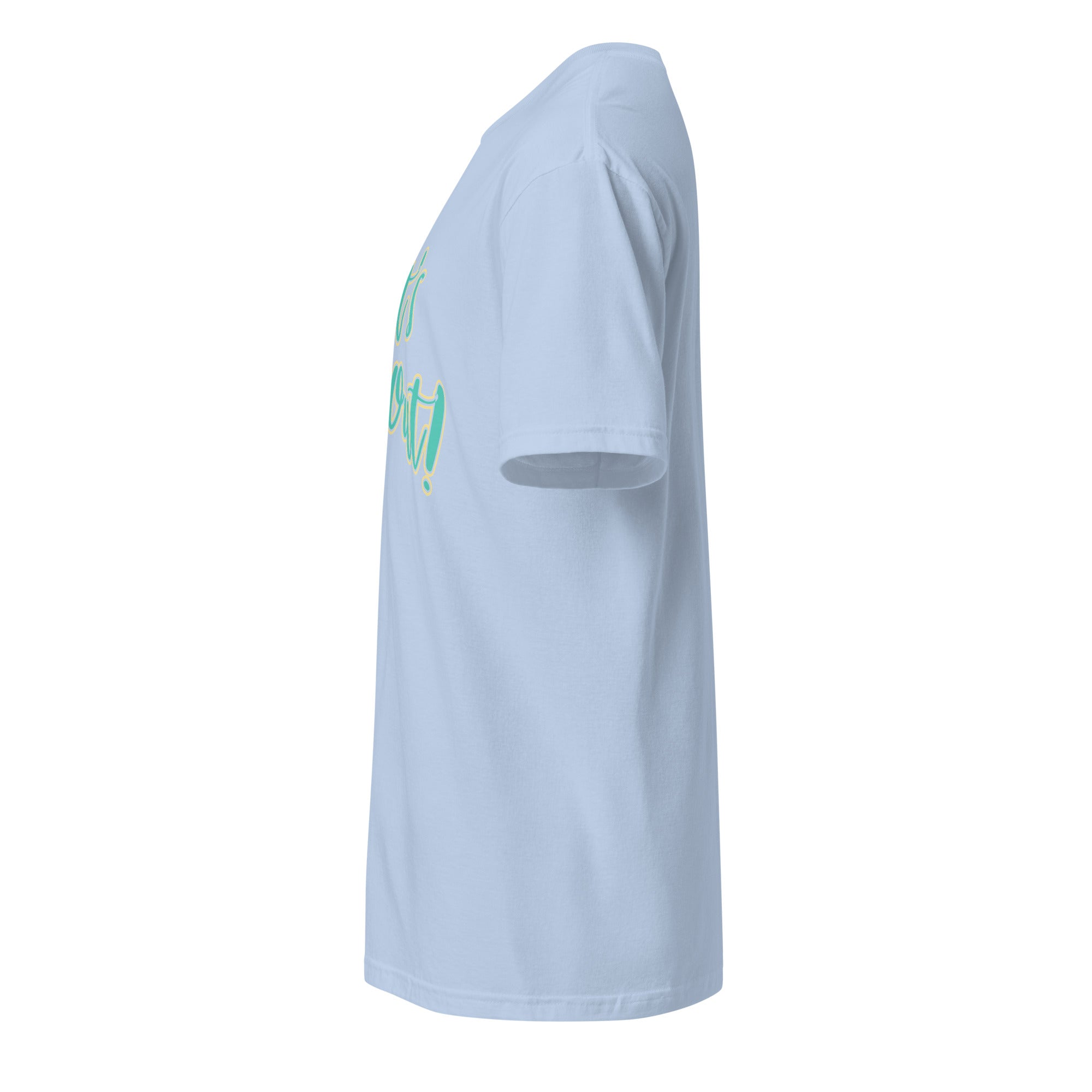 Left view of a light blue t-shirt against a white background