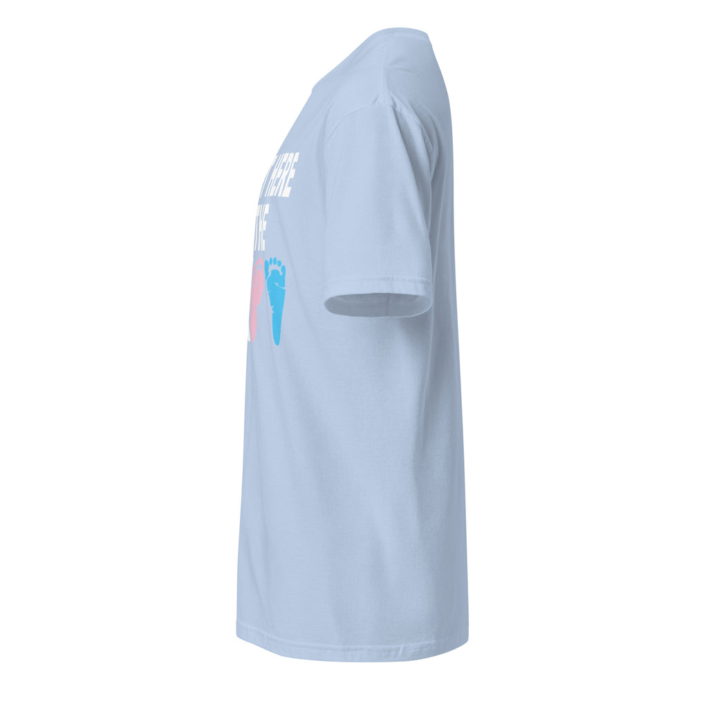 Light blue t-shirt left side with a colorful graphic on the front against a white background