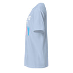 Light blue t-shirt left side with a colorful graphic on the front against a white background