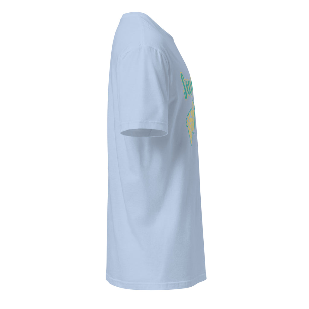Right view of a light blue t-shirt against a white background