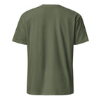 Back view of military green t-shirt on a white background