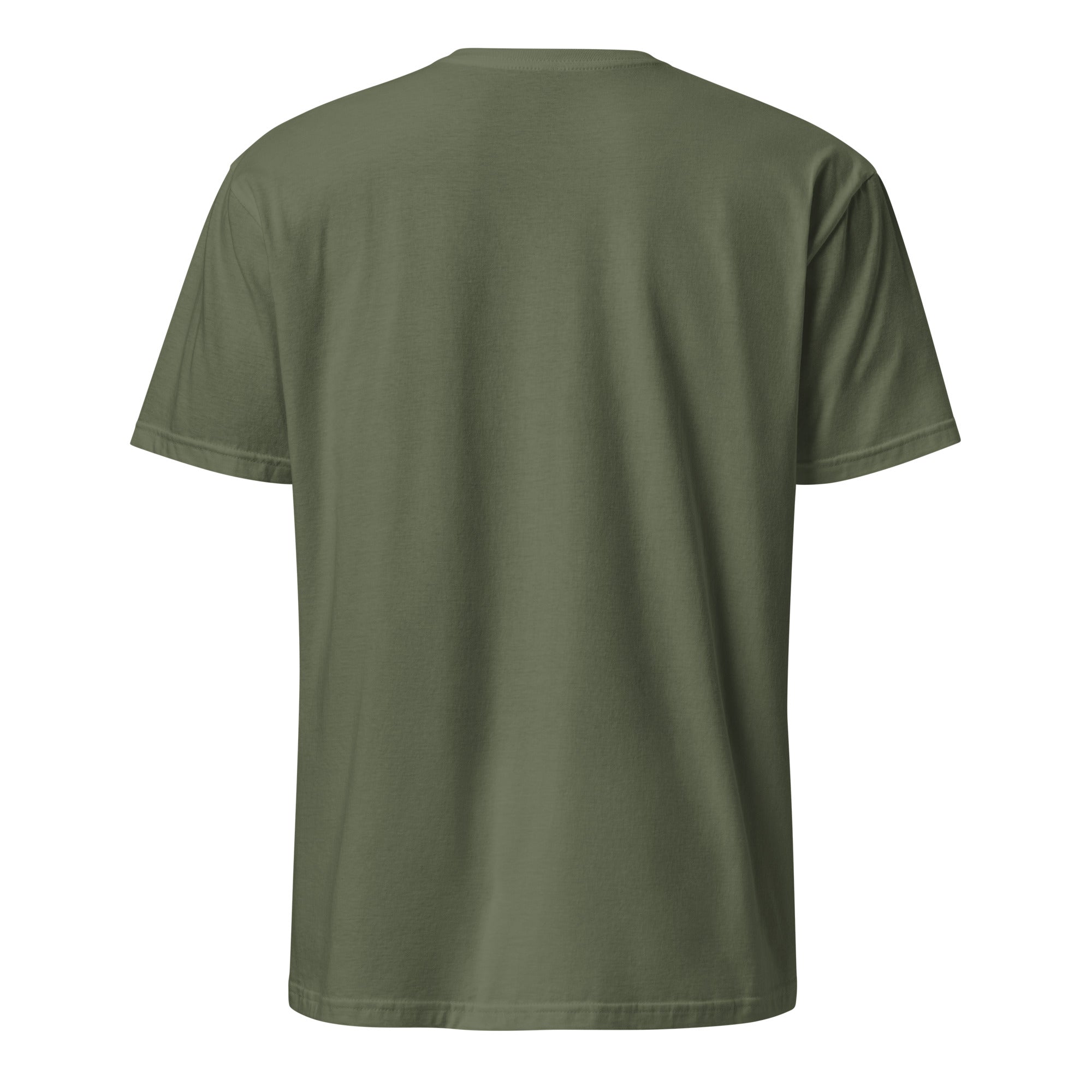 Back view of military green t-shirt on a white background