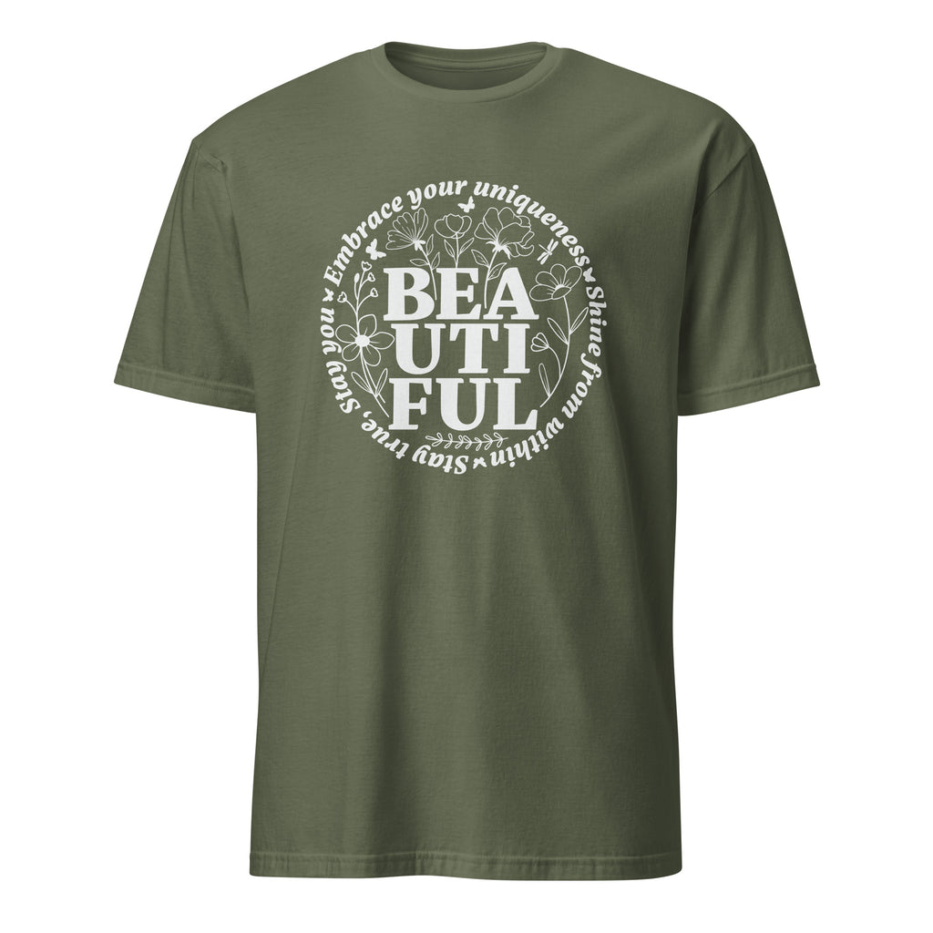 Military Green t-shirt with motivational quote on a white background
