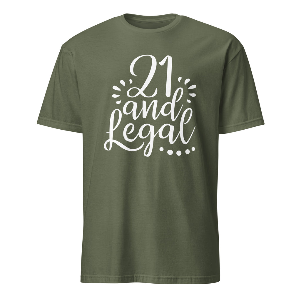 Military Green t-shirt with '21 and Legal' text on a white background