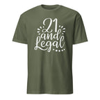 Military Green t-shirt with '21 and Legal' text on a white background