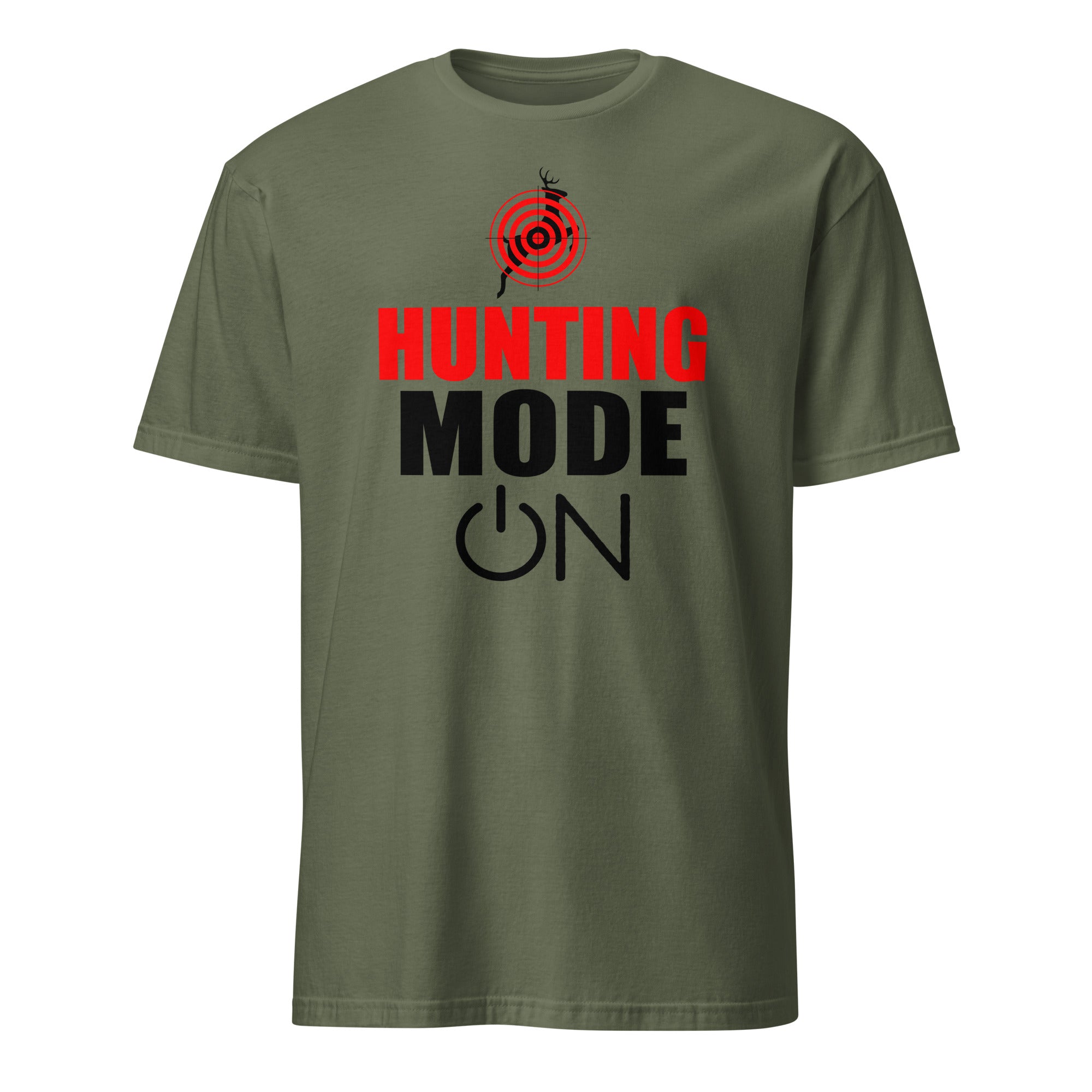 Military Green t-shirt with 'Hunting Mode On' text and target graphic on a white background