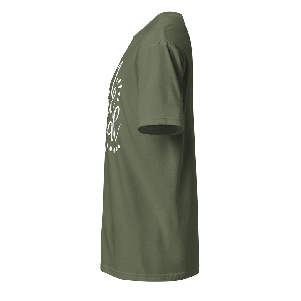 Left view of military green t-shirt on a white background