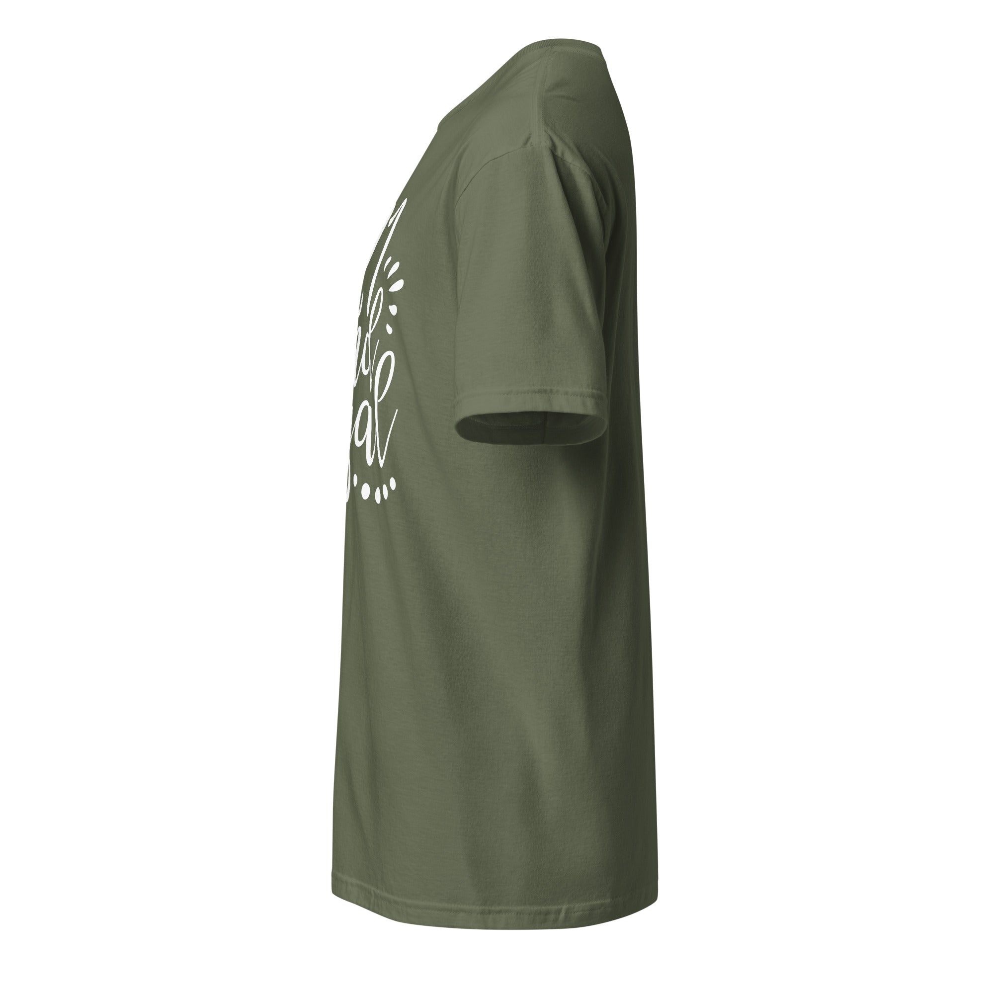 Left view of military green t-shirt on a white background