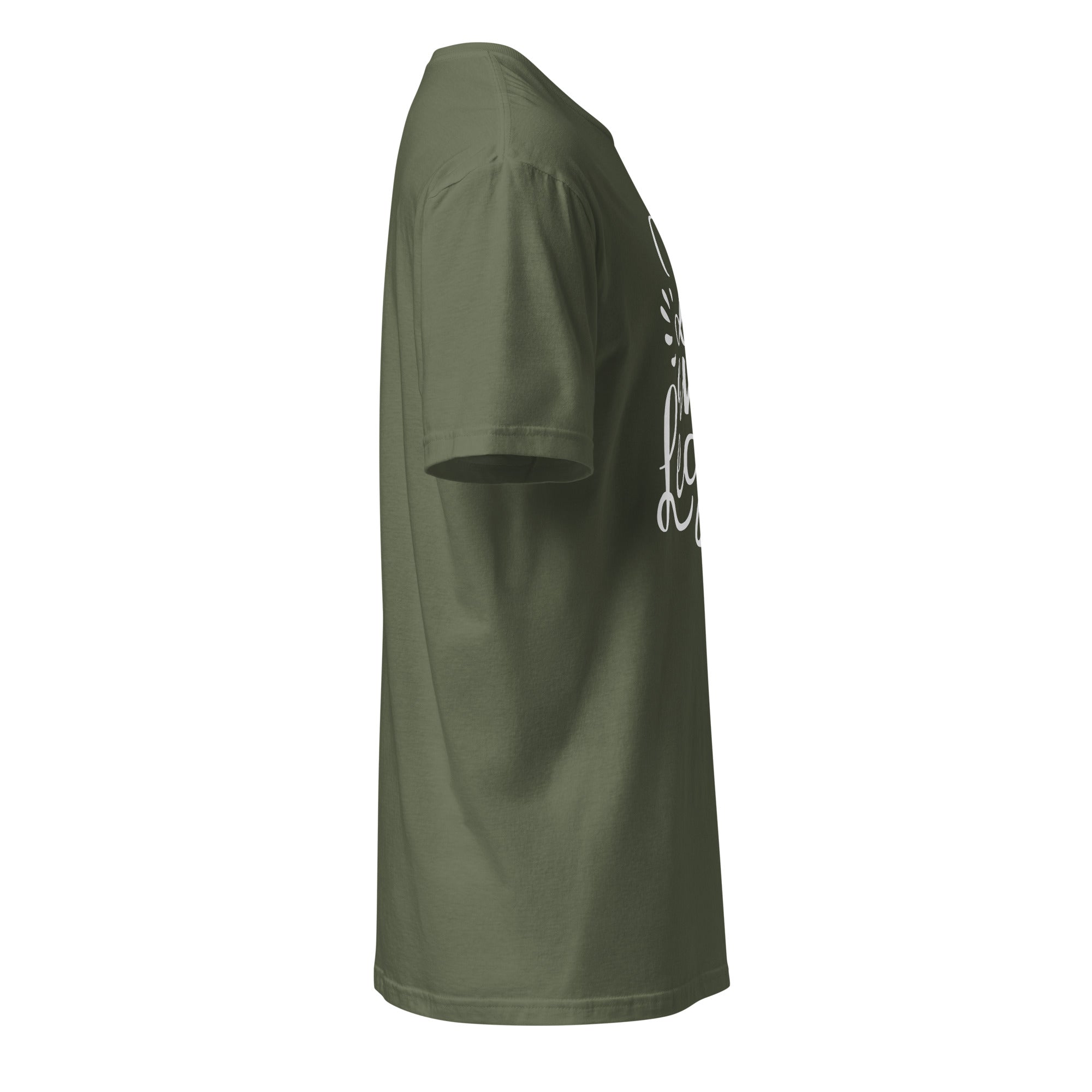 Right view of military green t-shirt on a white background