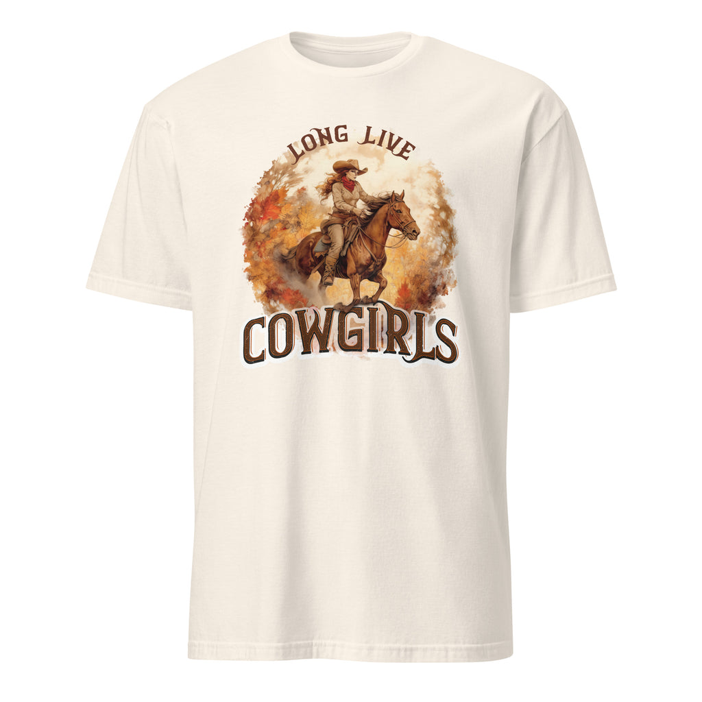 Natural t-shirt with a graphic of a cowgirl on a horse and 'Long Live Cowgirls' text on a white background