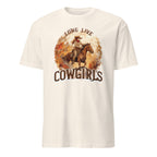Natural t-shirt with a graphic of a cowgirl on a horse and 'Long Live Cowgirls' text on a white background